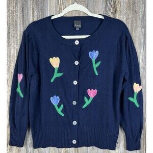 Aaeda Sweater Womens L Navy Blue Cardigan Tulip Flowers Button Up Knit Cozy